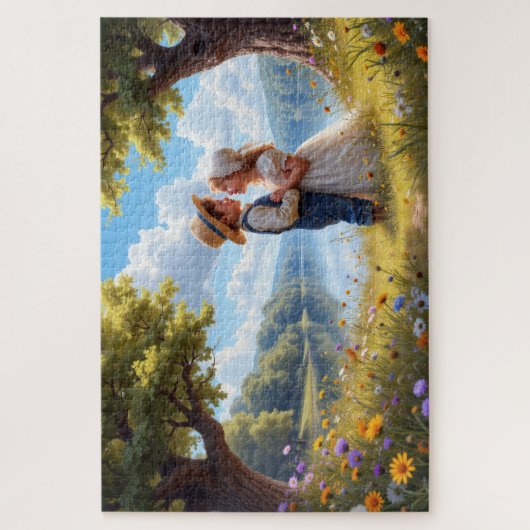 Schattigee kinderen omarmen door een sereen meer legpuzzel (Verticaal)