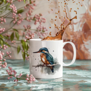 Schattigee Kingfisher zittend op een tak waterverf Koffiemok