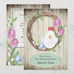 Schattigee kip, eieren, krans en tulpen Baby showe Kaart