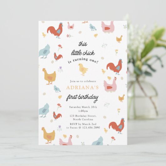 Schattigee kippen en kuiken meisje eerste verjaard kaart (Staand voorkant)