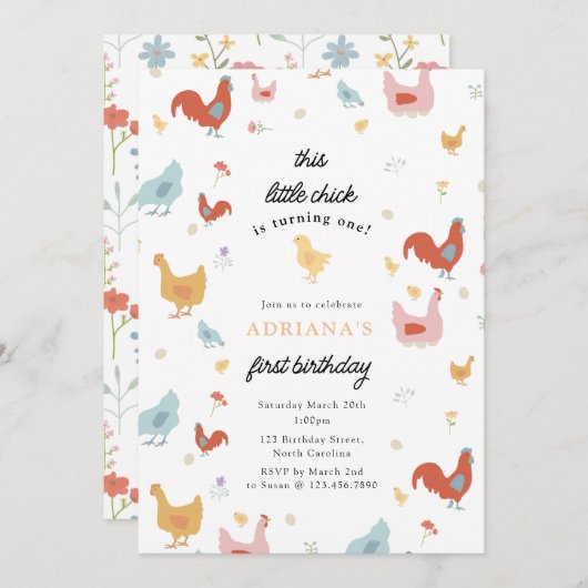 Schattigee kippen en kuiken meisje eerste verjaard kaart (Voorkant / Achterkant)