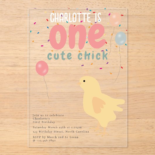 Schattigee kippen kippenmeisje eerste 1e verjaarda acryl uitnodigingen (Voorkant)