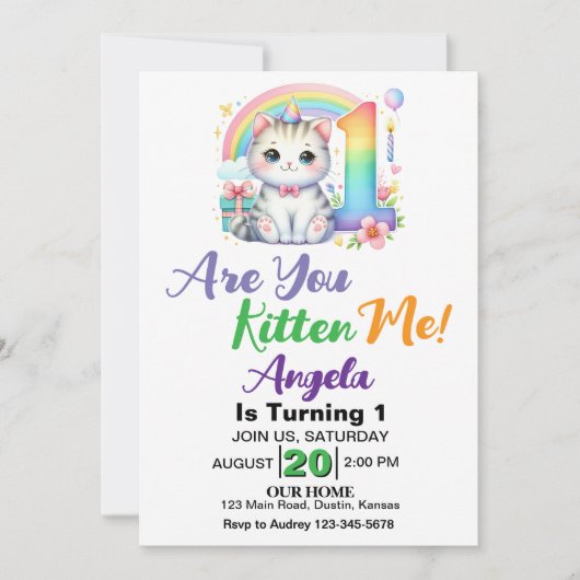 Schattigee kitten 1e verjaardagsfeestje kaart (Voorkant)