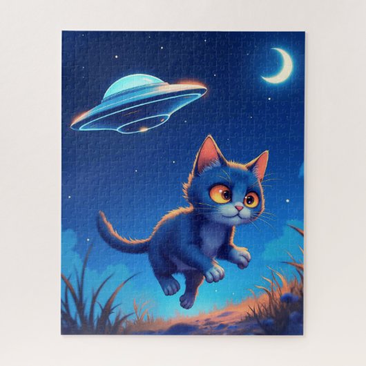 Schattigee kitten achtervolgd door een ufo legpuzzel (Verticaal)