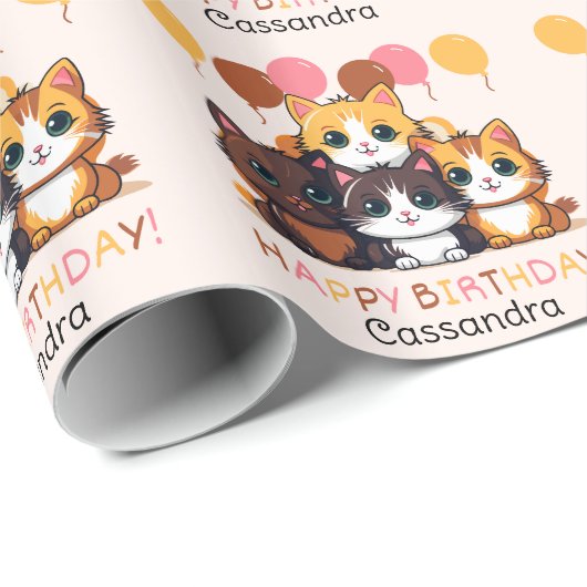 Schattigee Kitten Balloon Naam Kinderen Verjaardag Cadeaupapier (Rol Hoek)