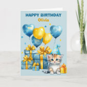 Schattigee Kitten Blue Gold Balloons Kind Verjaard Kaart (Voorkant)