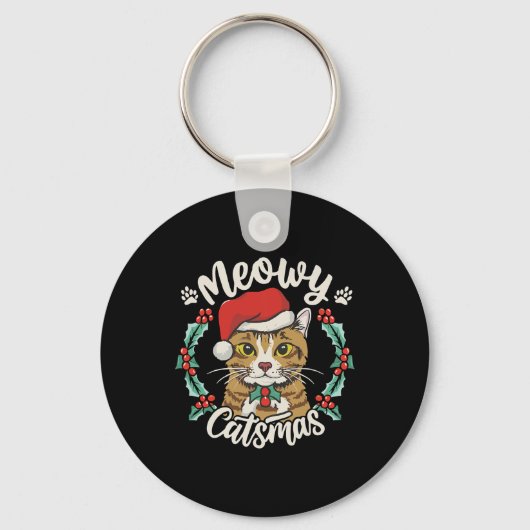 Schattigee Kitten Cat Christmas Santa Hat Meowy Ca Sleutelhanger (Voorkant)