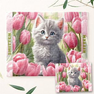 Schattigee Kitten Cat Spring Tulip Floral Aangepas Legpuzzel