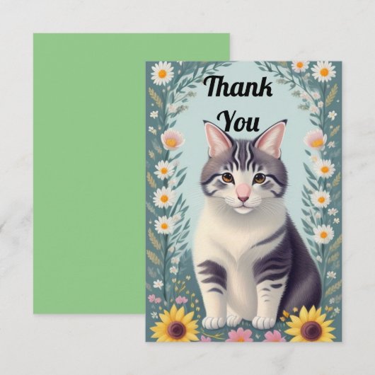 Schattigee kitten en bloemen bedankkaart (Voorkant / Achterkant)