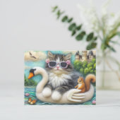 Schattigee kitten en eekhoorn wollen zwaan boot briefkaart (Staand voorkant)