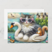 Schattigee kitten en eekhoorn wollen zwaan boot briefkaart (Voorkant / Achterkant)
