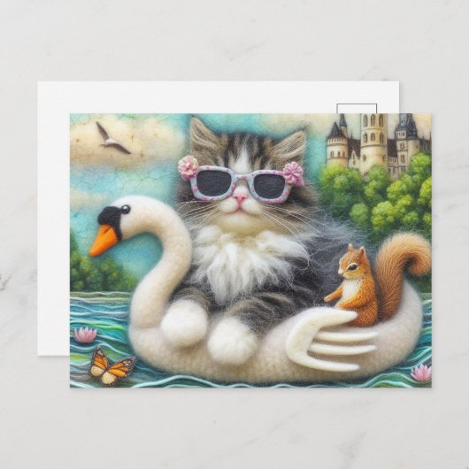 Schattigee kitten en eekhoorn wollen zwaan boot briefkaart (Voorkant / Achterkant)