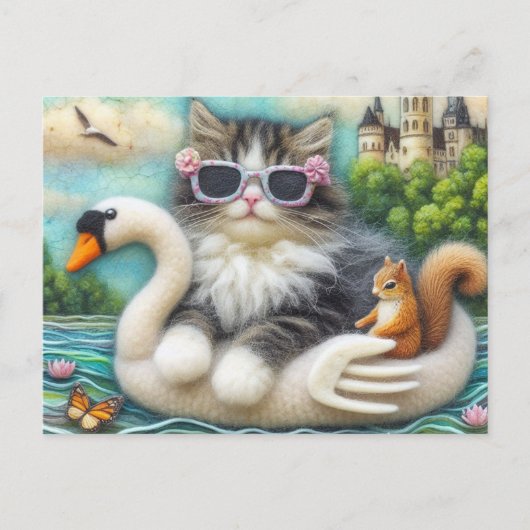 Schattigee kitten en eekhoorn wollen zwaan boot briefkaart (Voorkant)