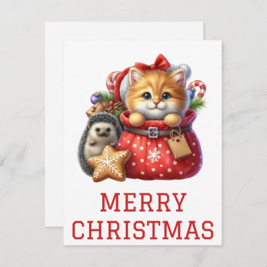 Schattigee Kitten en Egel Kerst Kaart (Voorkant / Achterkant)