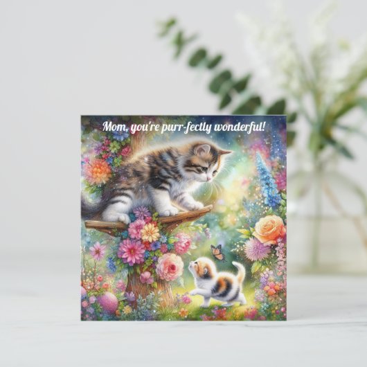 Schattigee kitten en kat mam bloemige Moederdag Kaart (Staand voorkant)