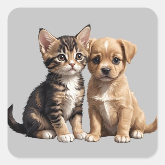 Schattigee kitten en puppy vierkante sticker (Voorkant)