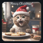 Schattigee Kitten Funny Santa Cat Christmas Vierkante Sticker<br><div class="desc">Verspreid vakantieseizoen juichen met deze schattige kerstkat sticker! Met een gelukkige kat die feestelijke taarten kijkt, is het perfect voor kattenliefhebbers van alle leeftijden. Personaliseer voor familie of vrienden en geniet van de speelse touch van een cartoon kitten verkleed als Sinterklaas. Dit kleurrijke en grappige kat Kerst sticker is zeker...</div>