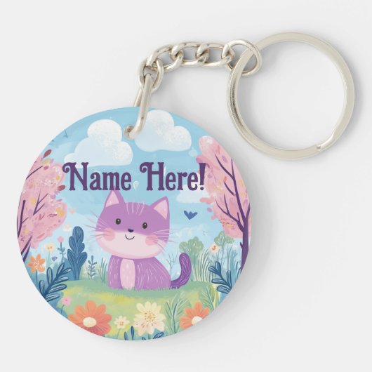 Schattigee kitten gepersonaliseerde naam Paarse ka Sleutelhanger (Achterkant)