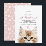 Schattigee kitten | Girl's Pink Kitty Kat Verjaard Kaart<br><div class="desc">Leuke verjaardagsfeestuitnodigingen met een waterverf van een piekend katje onder je evenementgegevens. Leuke en schattige uitnodigingen die kunnen worden gewijzigd naar elke leeftijd. De achterzijde is pastelroze met een pawprint patroon.</div>