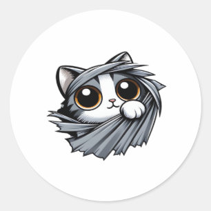 Schattigee kitten gluren door gescheurde doek ronde sticker