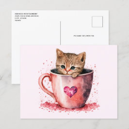 Schattigee kitten in een theekopje met harten briefkaart
