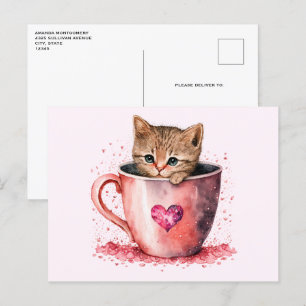 Schattigee kitten in een theekopje met harten briefkaart