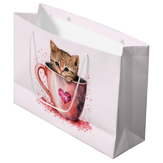 Schattigee kitten in een theekopje met harten groot cadeauzakje (Voorkant Gekanteld)