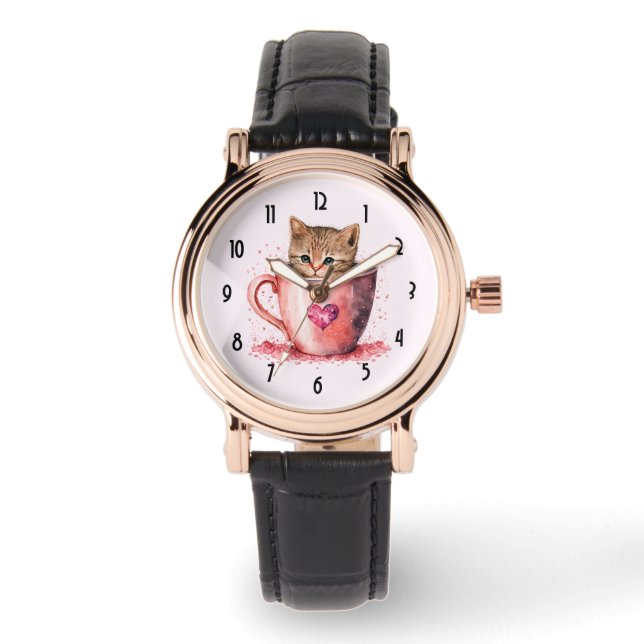 Schattigee kitten in een theekopje met harten horloge (Voorkant)