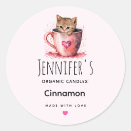 Schattigee kitten in een theekopje met harten kaar ronde sticker