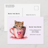 Schattigee kitten in een theekopje met harten Save Uitnodiging Briefkaart (Voorkant / Achterkant)