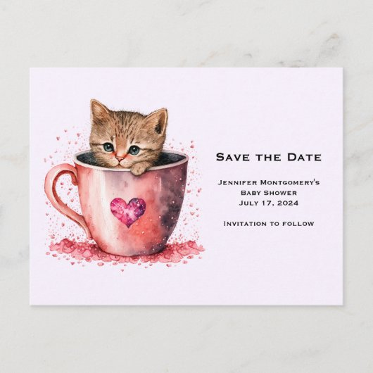 Schattigee kitten in een theekopje met harten Save Uitnodiging Briefkaart (Voorkant)