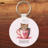 Schattigee kitten in een theekopje met harten sleutelhanger (Voorkant)