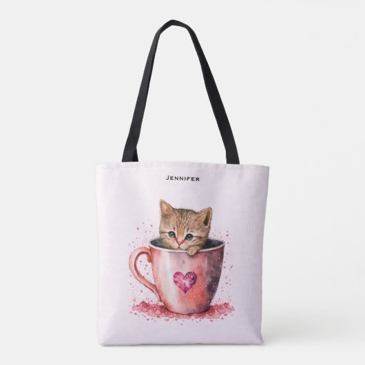 Schattigee kitten in een theekopje met harten tote bag (Achterkant)