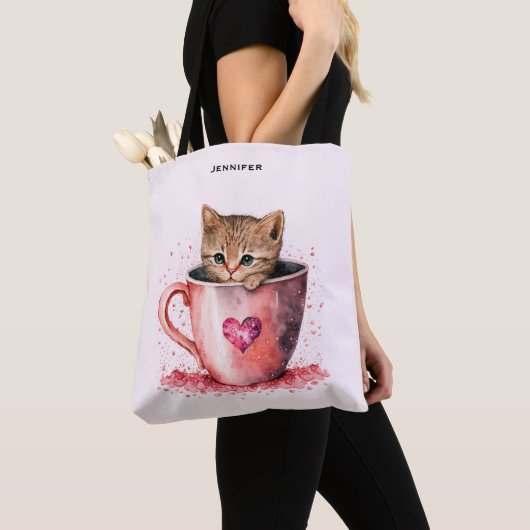 Schattigee kitten in een theekopje met harten tote bag (Dichtbij)