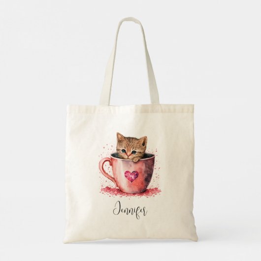 Schattigee kitten in een theekopje met harten tote bag (Achterkant)