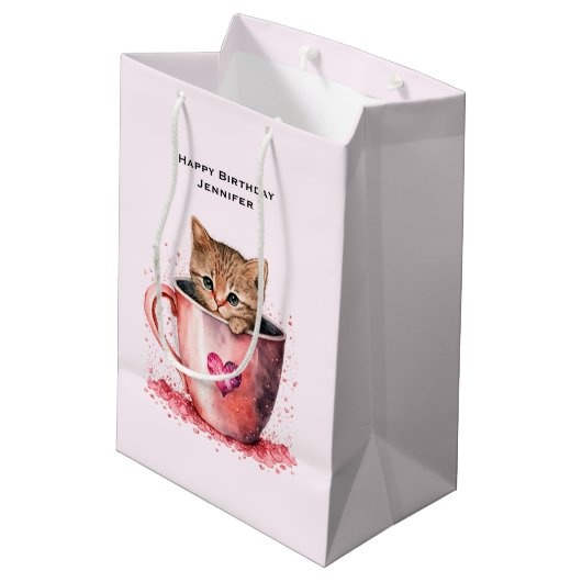 Schattigee kitten in een theekopje met harten Verj Medium Cadeauzakje (Achterkant Gekanteld)