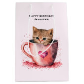 Schattigee kitten in een theekopje met harten Verj Medium Cadeauzakje (Voorkant)