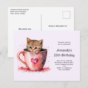 Schattigee kitten in een theekopje met harten Verj Uitnodiging Briefkaart
