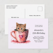 Schattigee kitten in een theekopje met harten Verj Uitnodiging Briefkaart (Voorkant / Achterkant)