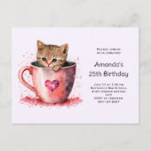 Schattigee kitten in een theekopje met harten Verj Uitnodiging Briefkaart (Voorkant)