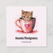 Schattigee kitten in een theekopje met harten vierkante visitekaartje (Voorkant)