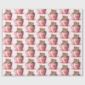 Schattigee kitten in een theekopje met hartenpatro cadeaupapier (Vlak)