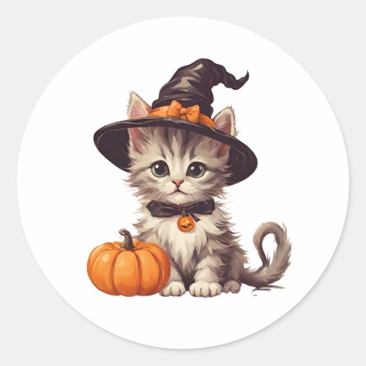 Schattigee kitten in Halloween Heksenkostuum Ronde Sticker (Voorkant)