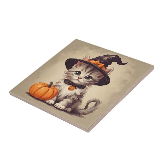 Schattigee  kitten in Halloween Heksenkostuum Tegeltje (Zijkant)