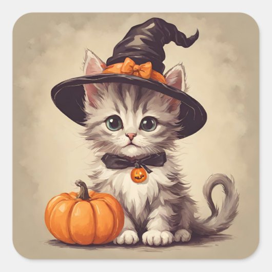 Schattigee  kitten in Halloween Heksenkostuum Vierkante Sticker (Voorkant)