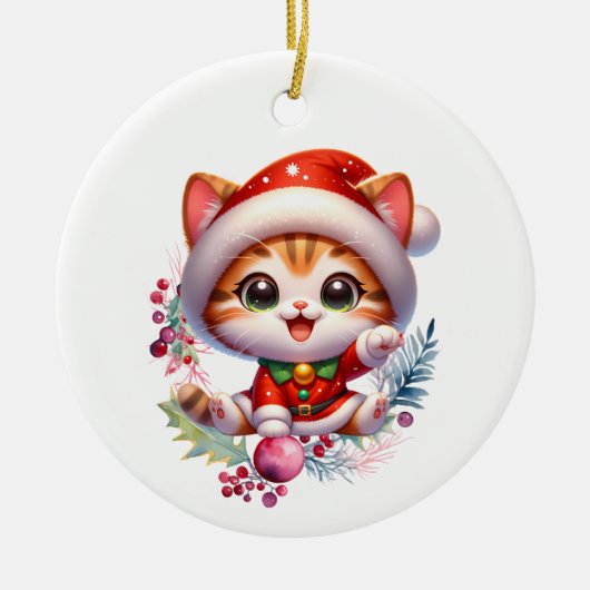 Schattigee kitten in kerstkostuum keramisch ornament (Voorkant)