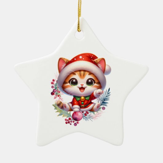 Schattigee kitten in kerstkostuum keramisch ornament (Voorkant)