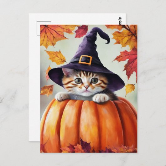 Schattigee kitten in pompoen met Paarse heks Pet Briefkaart (Voorkant / Achterkant)