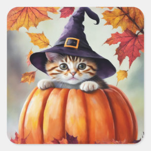Schattigee kitten in pompoen met Paarse heks Pet Vierkante Sticker