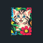 Schattigee Kitten in Pop Art schilderstijl Canvas<br><div class="desc">Een schattige Kitten met blauw oog speelt in natuur met bloemetjes en vlinders in Pop Art Painting Style.</div>